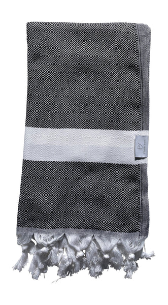 Plush Yarn Diamond Peshtemal Turkish Made Bath / Beach Towel, 100% Authentic Premium Turkish Cotton 100cm x 180cm (Black)