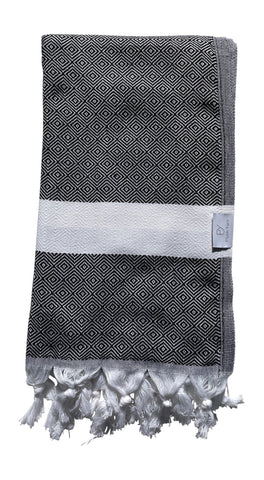Plush Yarn Diamond Peshtemal Turkish Made Bath / Beach Towel, 100% Authentic Premium Turkish Cotton 100cm x 180cm (Black)