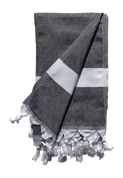 Plush Yarn Diamond Peshtemal Turkish Made Bath / Beach Towel, 100% Authentic Premium Turkish Cotton 100cm x 180cm (Black)