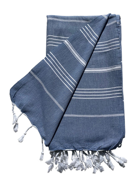 Plush Yarn Classic Peshtemal Turkish Made Bath / Beach Towel, 100% Authentic Premium Turkish Cotton 100cm x 180cm (Denim Blue)