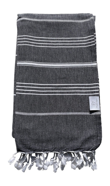 Plush Yarn Classic Peshtemal Turkish Made Bath / Beach Towel, 100% Authentic Premium Turkish Cotton 100cm x 180cm (Black)