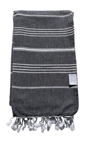 Plush Yarn Classic Peshtemal Turkish Made Bath / Beach Towel, 100% Authentic Premium Turkish Cotton 100cm x 180cm (Black)