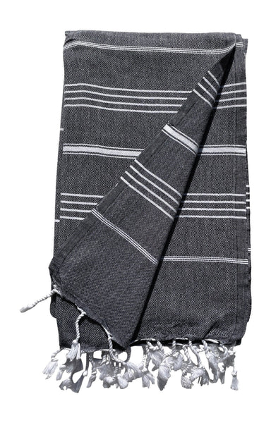 Plush Yarn Classic Peshtemal Turkish Made Bath / Beach Towel, 100% Authentic Premium Turkish Cotton 100cm x 180cm (Black)