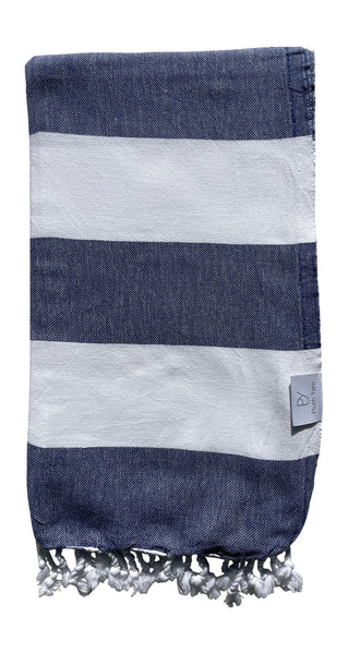 Plush Yarn Paradiso Peshtemal Turkish Made Bath / Beach Towel, 100% Authentic Premium Turkish Cotton 100cm x 180cm (Navy Blue/White)