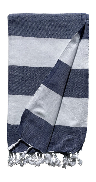 Plush Yarn Paradiso Peshtemal Turkish Made Bath / Beach Towel, 100% Authentic Premium Turkish Cotton 100cm x 180cm (Navy Blue/White)