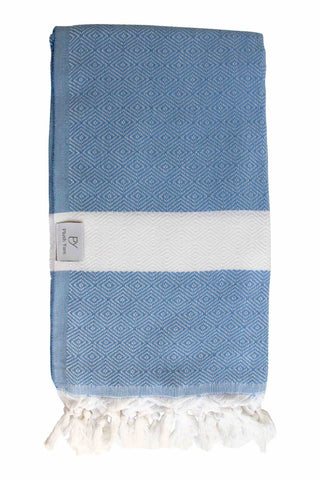 Plush Yarn Diamond Peshtemal Turkish Made Bath / Beach Towel, 100% Authentic Premium Turkish Cotton 100cm x 180cm (Sky Blue)