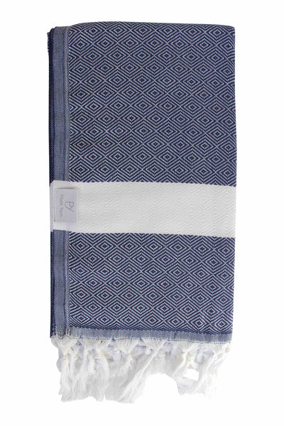 Plush Yarn Diamond Peshtemal Turkish Made Bath / Beach Towel, 100% Authentic Premium Turkish Cotton 100cm x 180cm (Navy)