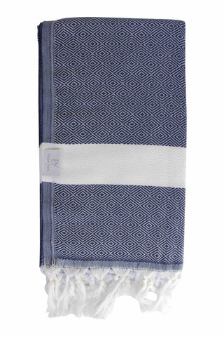 Plush Yarn Diamond Peshtemal Turkish Made Bath / Beach Towel, 100% Authentic Premium Turkish Cotton 100cm x 180cm (Navy)