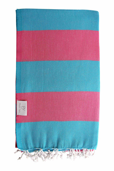 Plush Yarn Paradiso Peshtemal Turkish Made Bath / Beach Towel, 100% Authentic Premium Turkish Cotton 100cm x 180cm (Aqua/Pink)