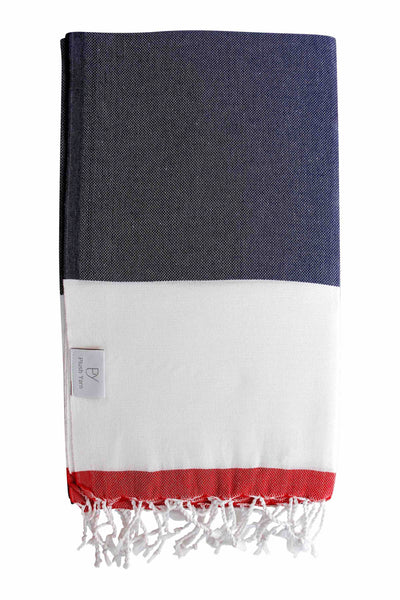 Plush Yarn Imperial Peshtemal Turkish Made Bath / Beach Towel, 100% Authentic Premium Turkish Cotton 100cm x 180cm (Navy/Red)