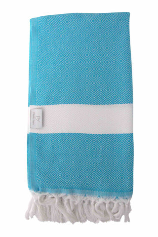 Plush Yarn Diamond Peshtemal Turkish Made Bath / Beach Towel, 100% Authentic Premium Turkish Cotton 100cm x 180cm (Turquoise)